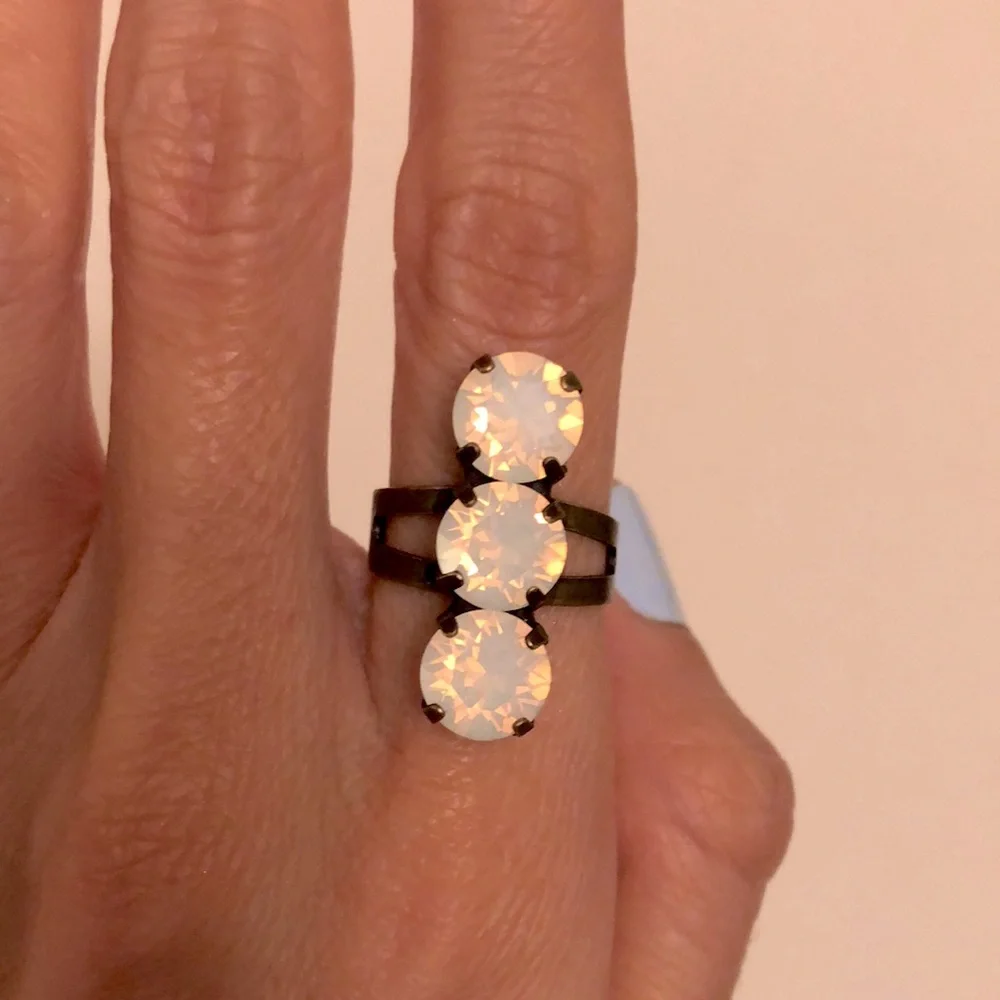 White Opal + Antique Brass Crystal Statement Ring
